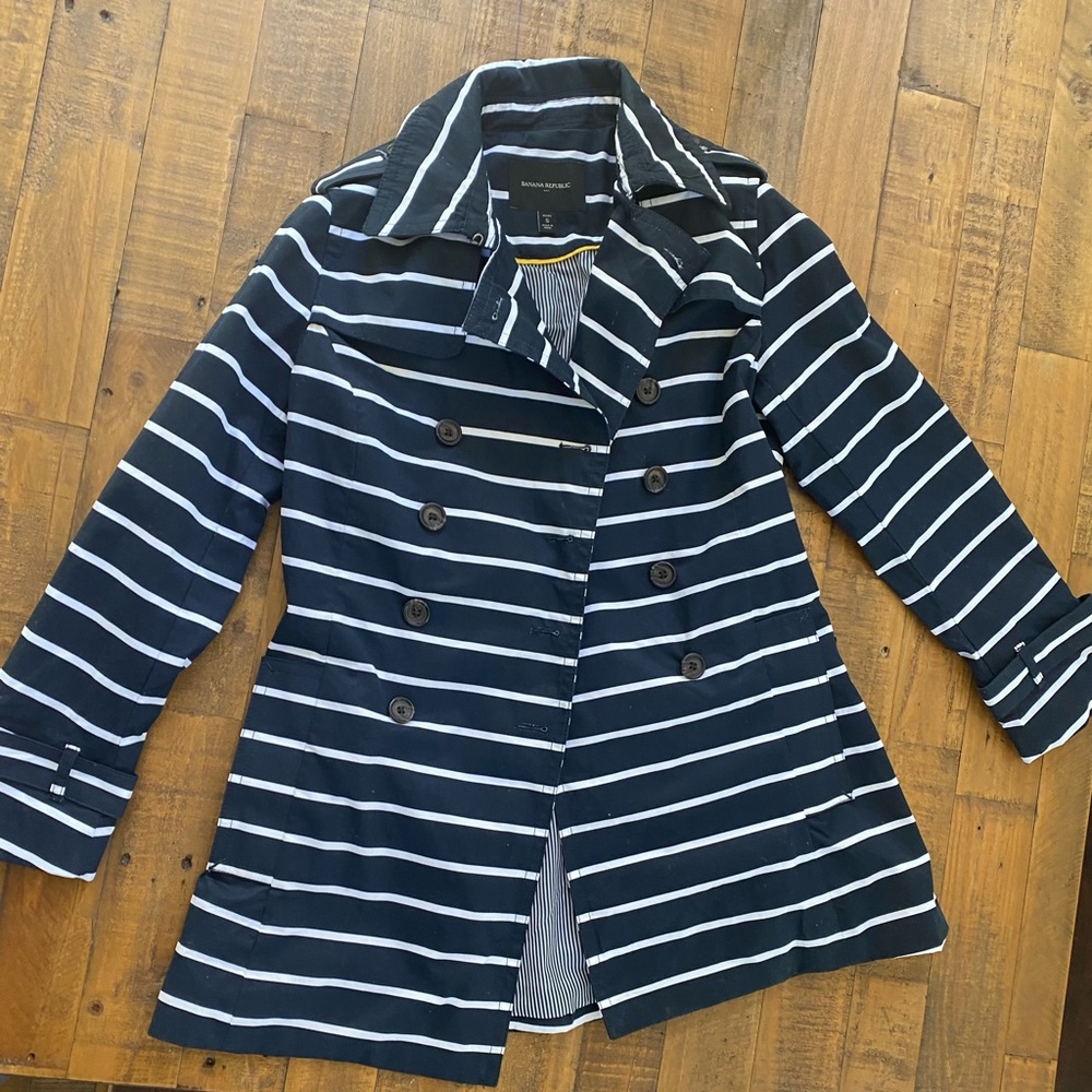 Banana Republic, Stripe Pea Coat/Rain coat, Sz S. Color is a dark blue.